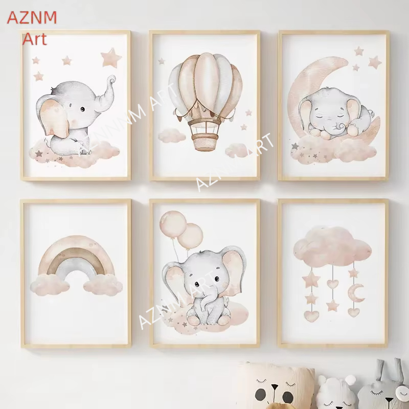 Baby Nursery Wall Art - 코끼리 풍선 무지개 달 별 구름