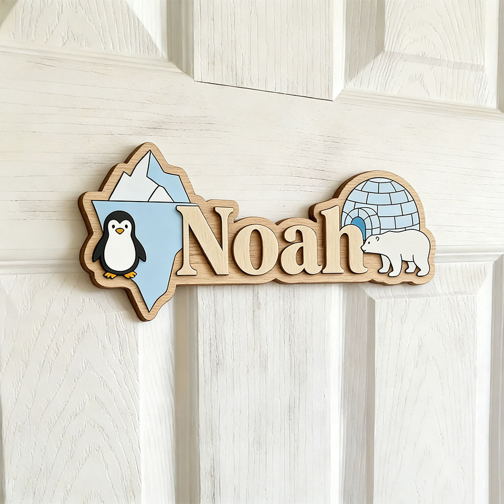 Baby Nursery Wall Art - 북극 펭귄 & 북극곰 맞춤 이름표시판,