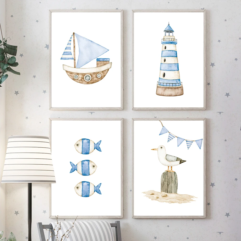 Baby Nursery Wall Art - 범선 등대 물고기 해상 어린이방 포스터