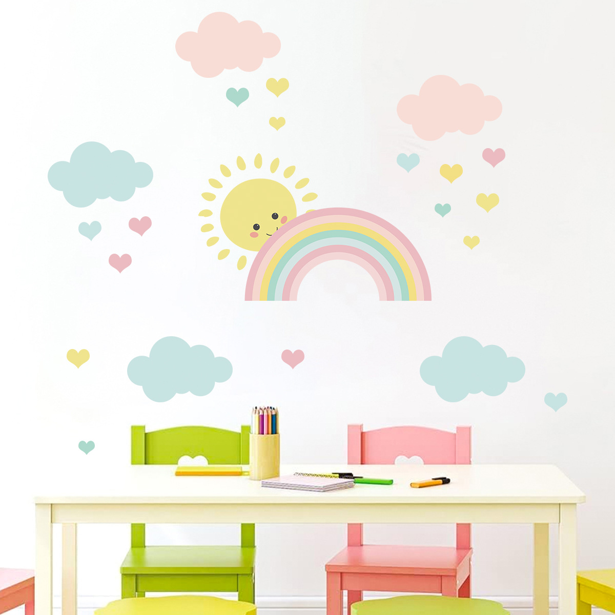 Baby Nursery Decor Boy - 만화 태양 무지개 구름 벽 데칼