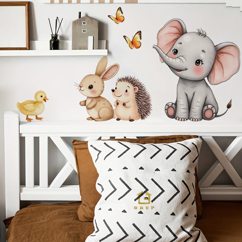 Baby Nursery Wall Art - 만화 동물 벽 스티커-코끼리 토끼 고슴도치