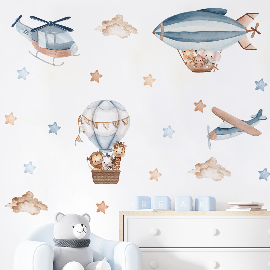 Baby Nursery Decor Boy - 수채화 동물 뜨거운 공기 풍선 구름