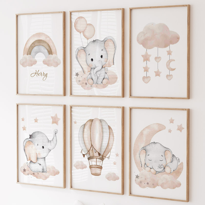 Baby Nursery Wall Art - 귀여운 코끼리 핫 벌룬 달 무지개