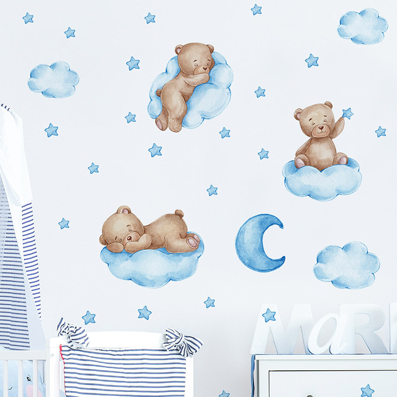 Baby Nursery Wallpaper Girl - 만화 블루 테디베어 달 벽 스티커