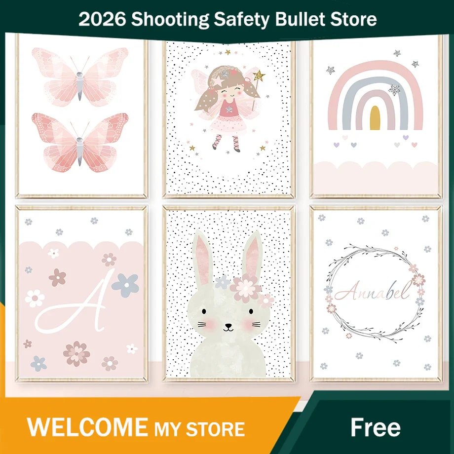 귀여운 소녀 토끼 꽃 나비 무지개 벽 예술 캔버스 그림 - Baby Nursery Wall Art 리뷰 및 가격