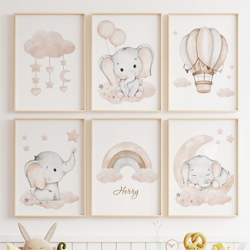 귀여운 코끼리 핫 벌룬 달 무지개 구름 보육원 벽 아트 - Baby Nursery Wall Art 리뷰 및 가격