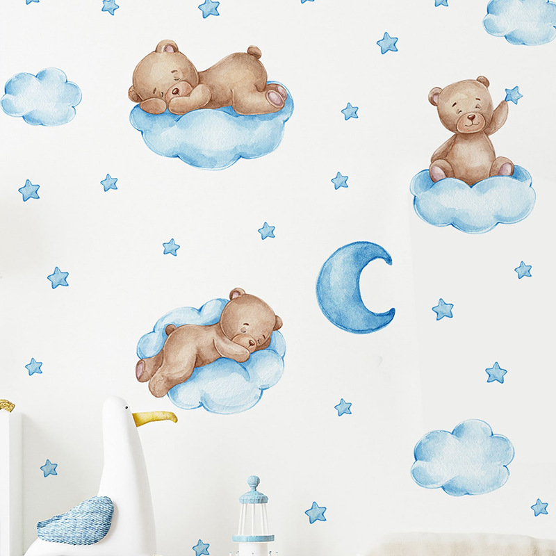만화 블루 테디베어 달 벽 스티커 - 어린이 방, 아기 - Baby Nursery Wallpaper Girl 리뷰 및 가격