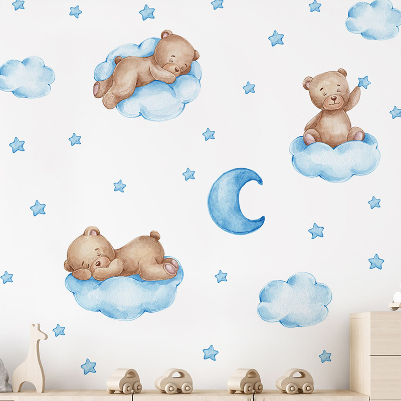 만화 블루 테디베어 달 벽 스티커 - 어린이 방, 아기 - Baby Nursery Wallpaper Girl 리뷰 및 가격